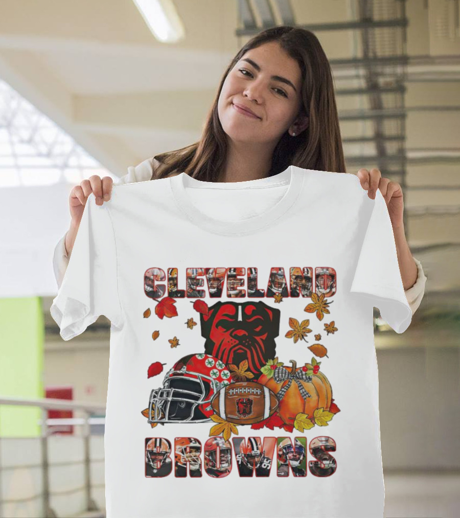 Cleveland Browns Fall Helmet Pumpkin Leaves Football Dog T-Shirt