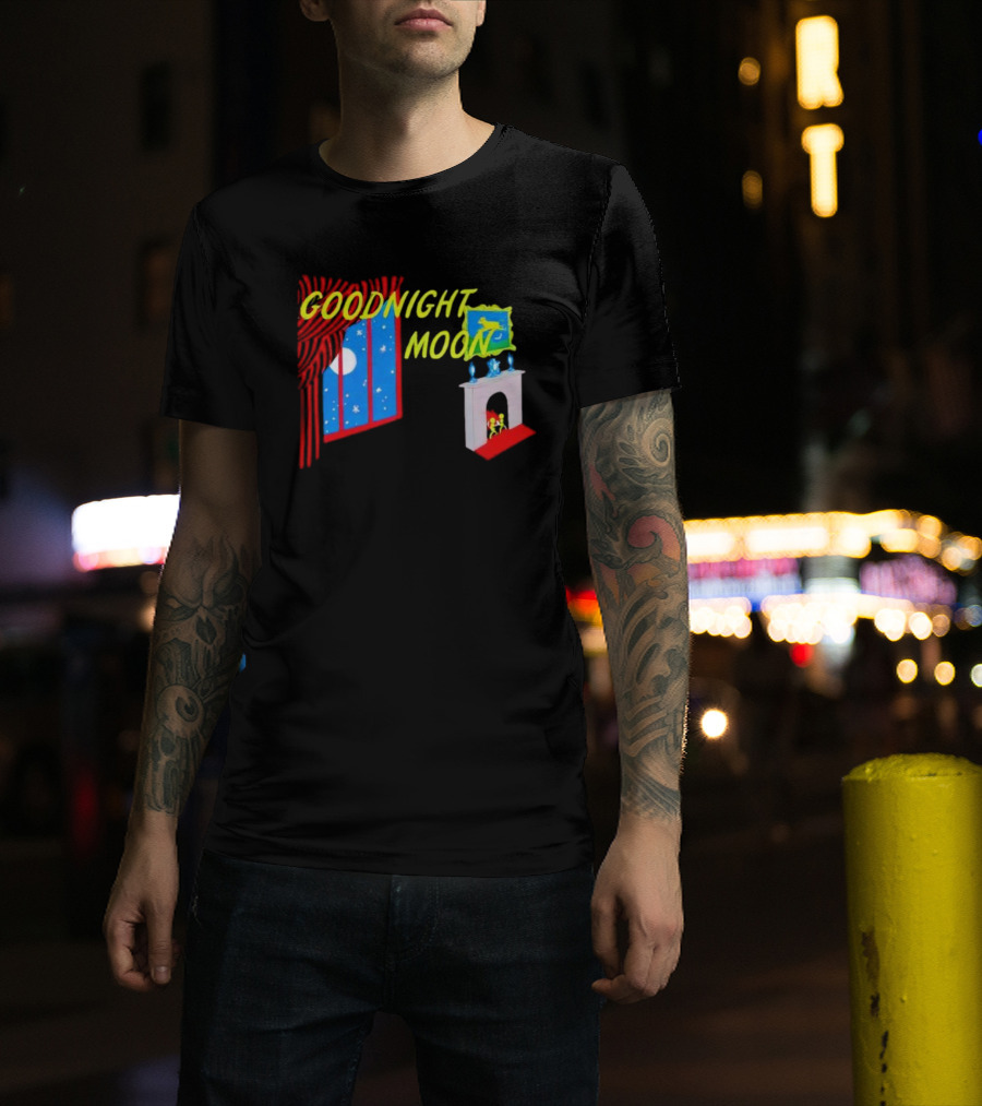 GOODNIGHT MOON Window Night Scene With Fireplace Moon Stars T-Shirt