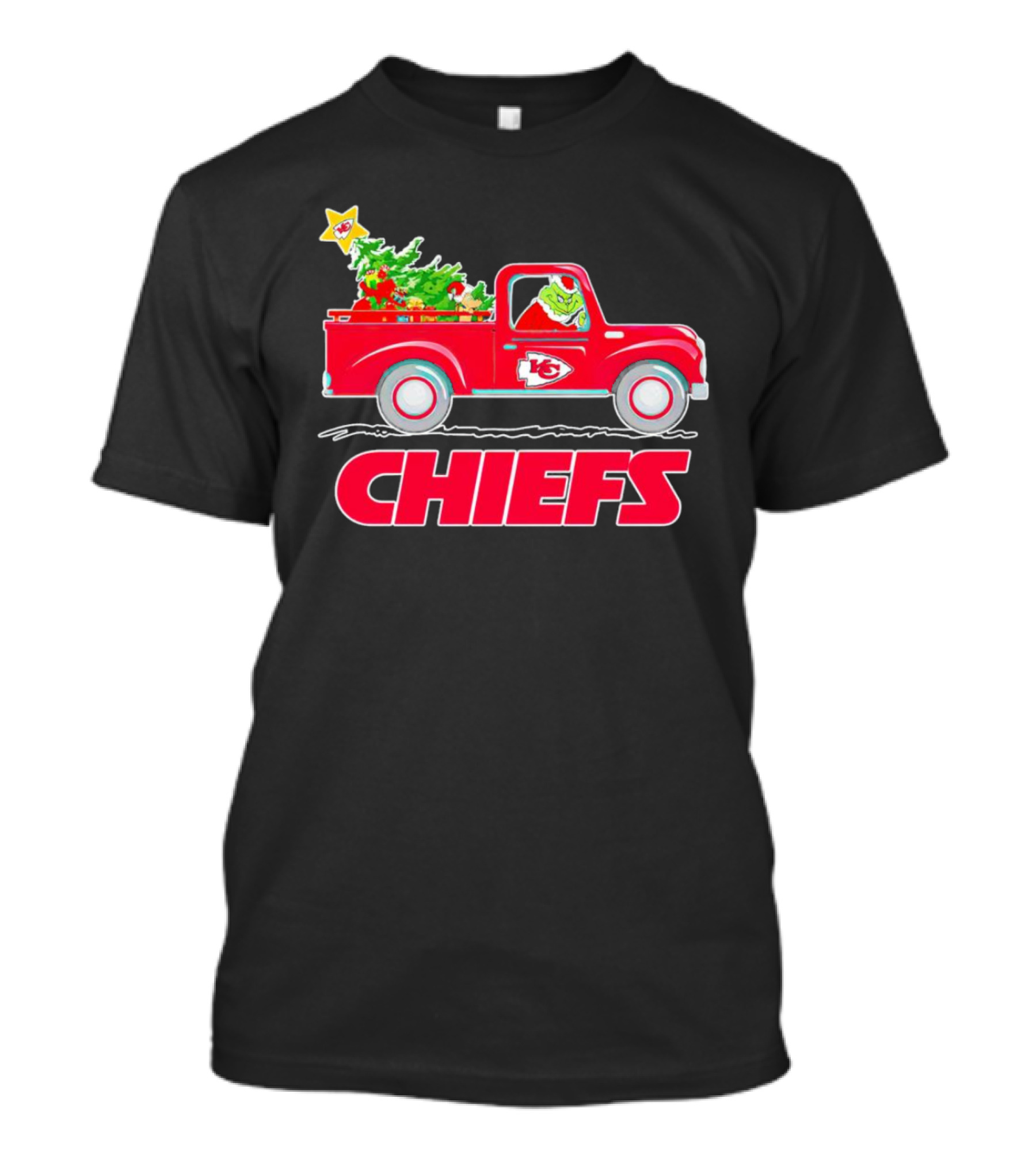 Grinch Driving Kansas City Chiefs Red Truck With Christmas Tree T-Shirt