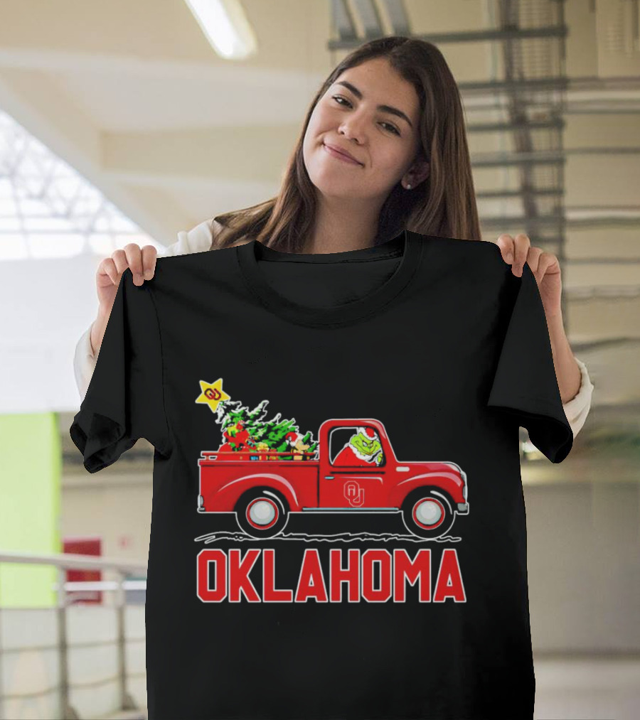 Grinch Driving Red Truck with Christmas Tree and Oklahoma Sooners T-Shirt
