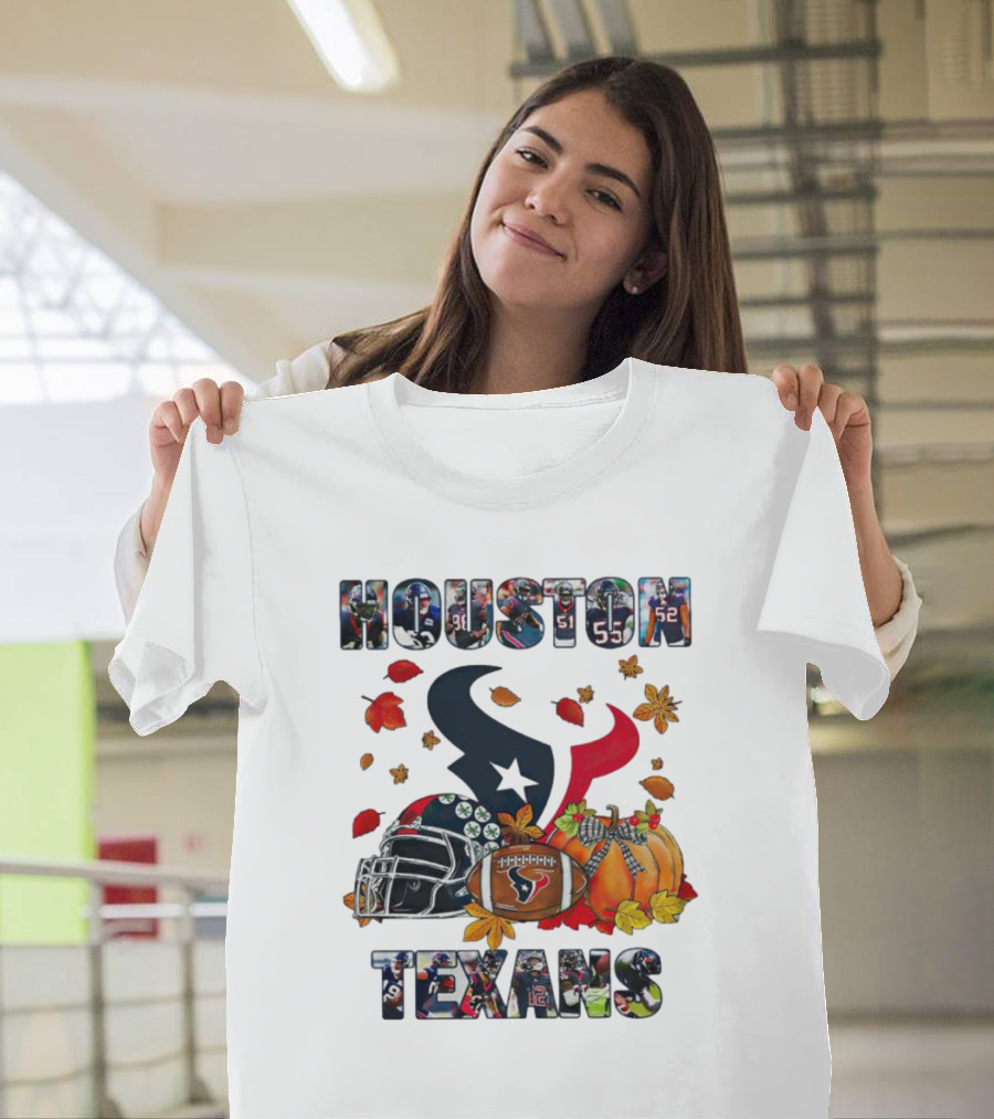 Houston Texans Football Helmet Pumpkin Autumn Leaves T-Shirt