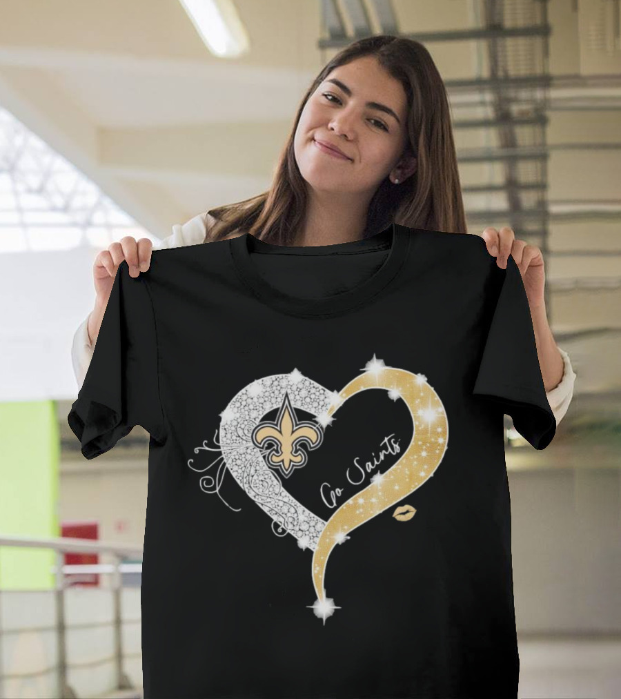 New Orleans Saints Go Saints Fleur-de-Lis Diamond Heart With Gold Sparkle T-Shirt