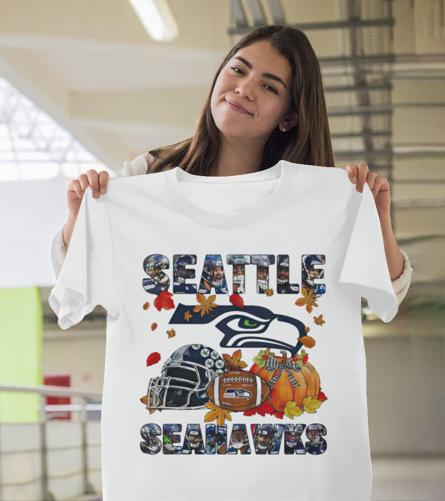 Seattle Seahawks Autumn Leaf Helmet Football Pumpkin T-Shirt