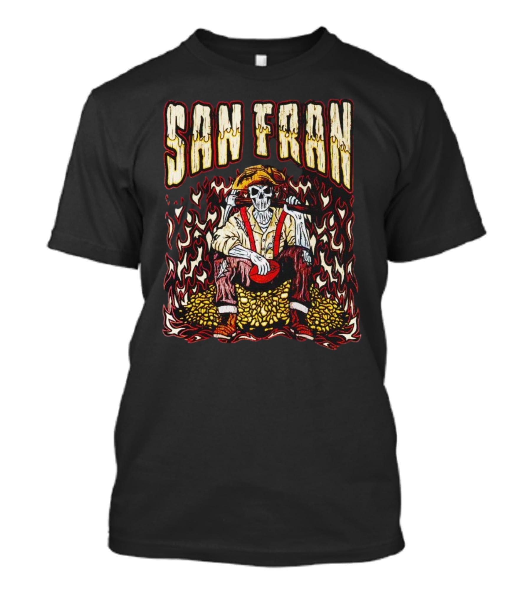San Fran Skeleton Sitting Amidst Flames And Gold T-Shirt