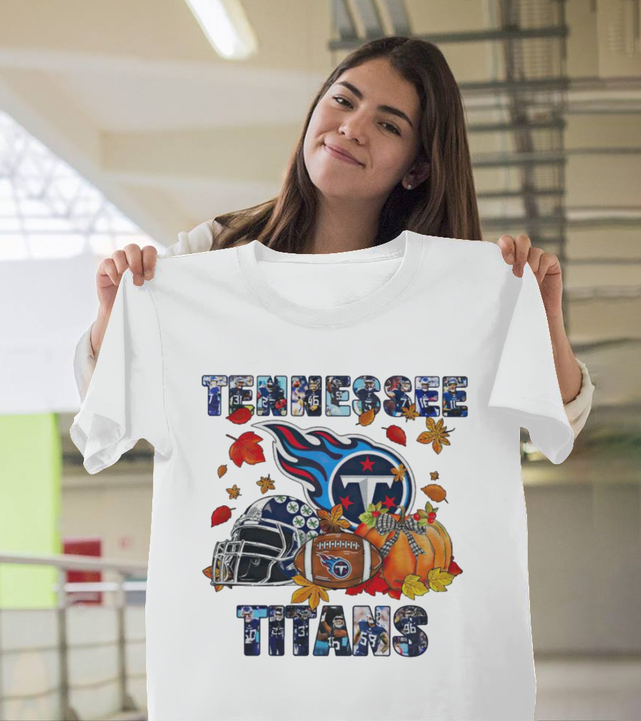 Tennessee Titans Fall Helmet Football Pumpkin Leaves T-Shirt