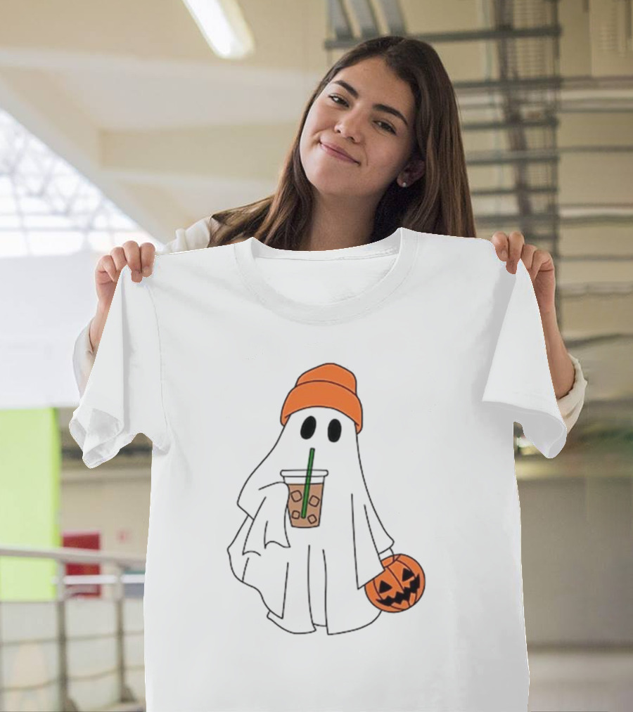 Cute Ghost Drinking Ice Coffee with Pumpkin Hat T-Shirt