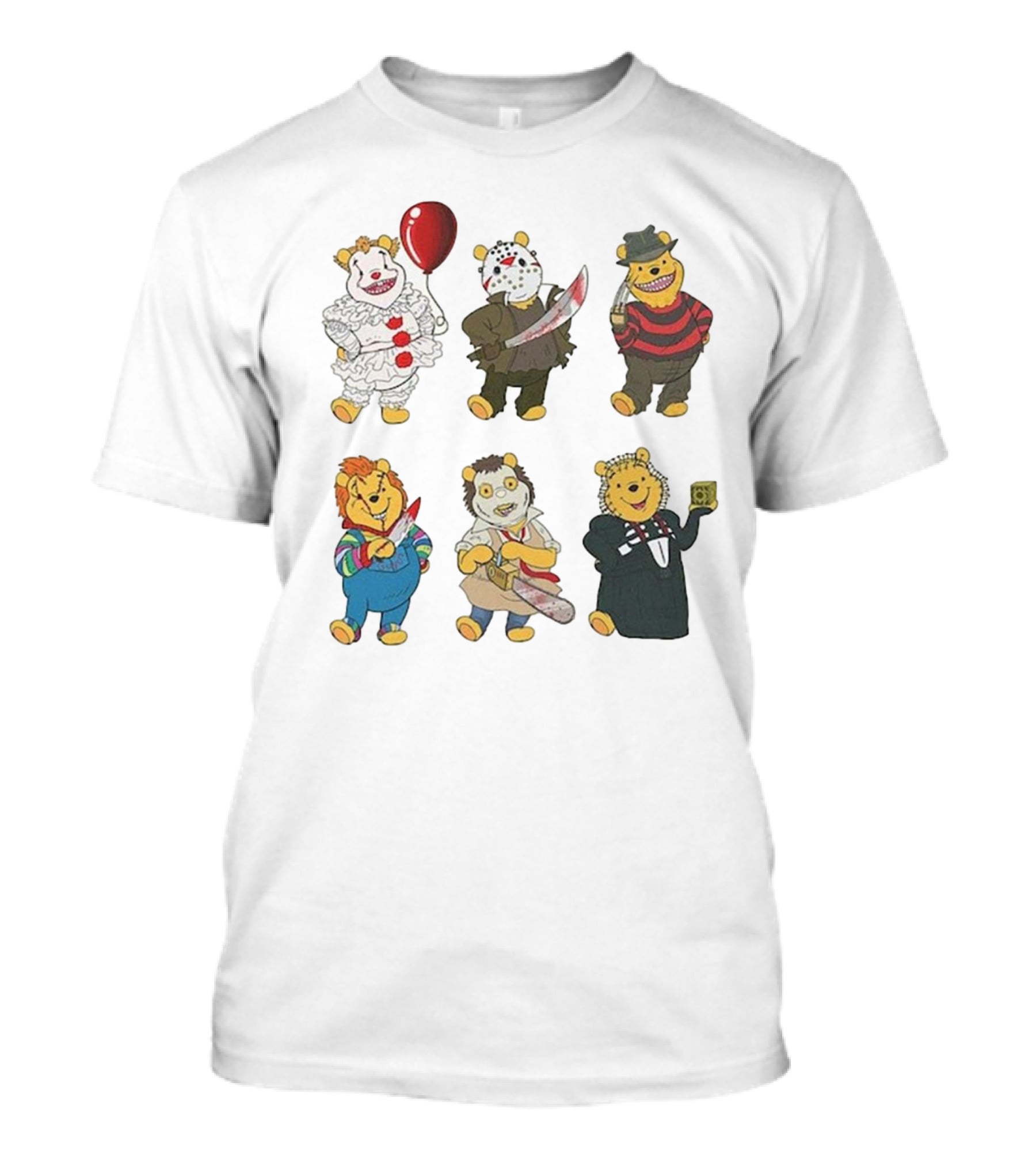 Pooh Bear Halloween Horror Characters Pennywise Jason Freddy Chucky Leatherface Pinhead T-Shirt