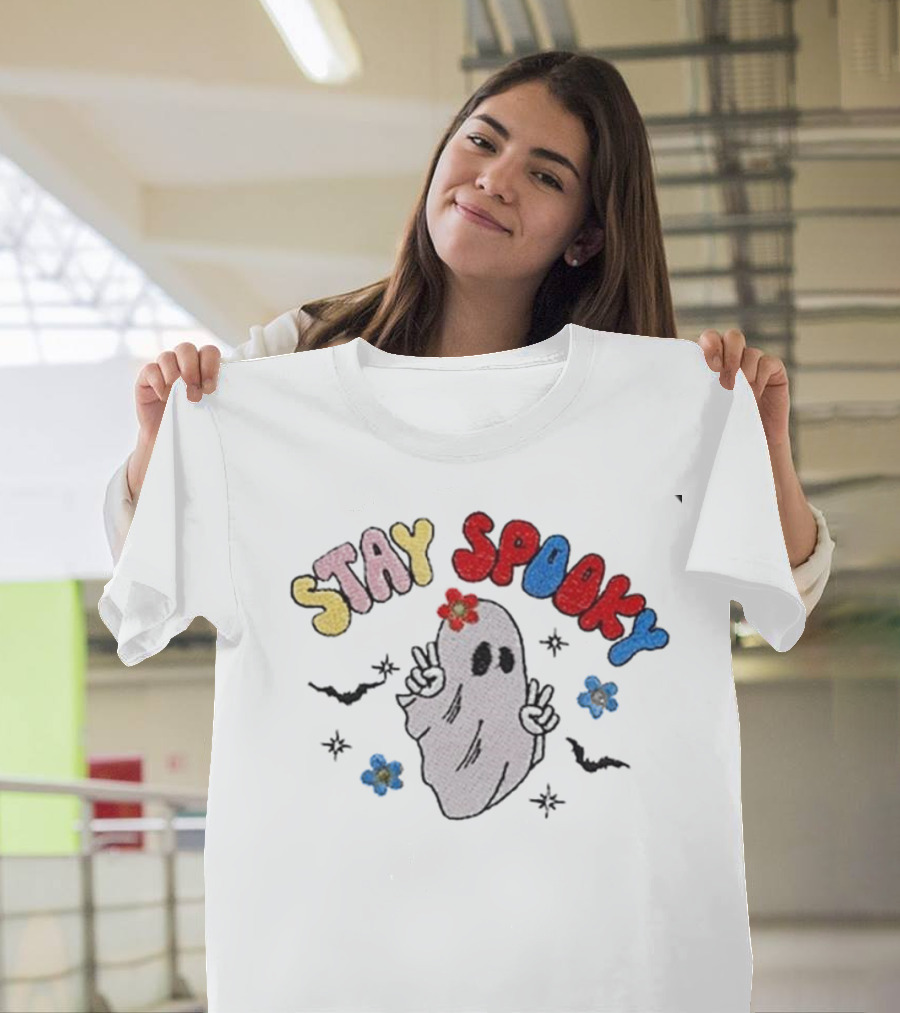 Stay Spooky Ghost with Flowers and Peace Signs T-Shirt