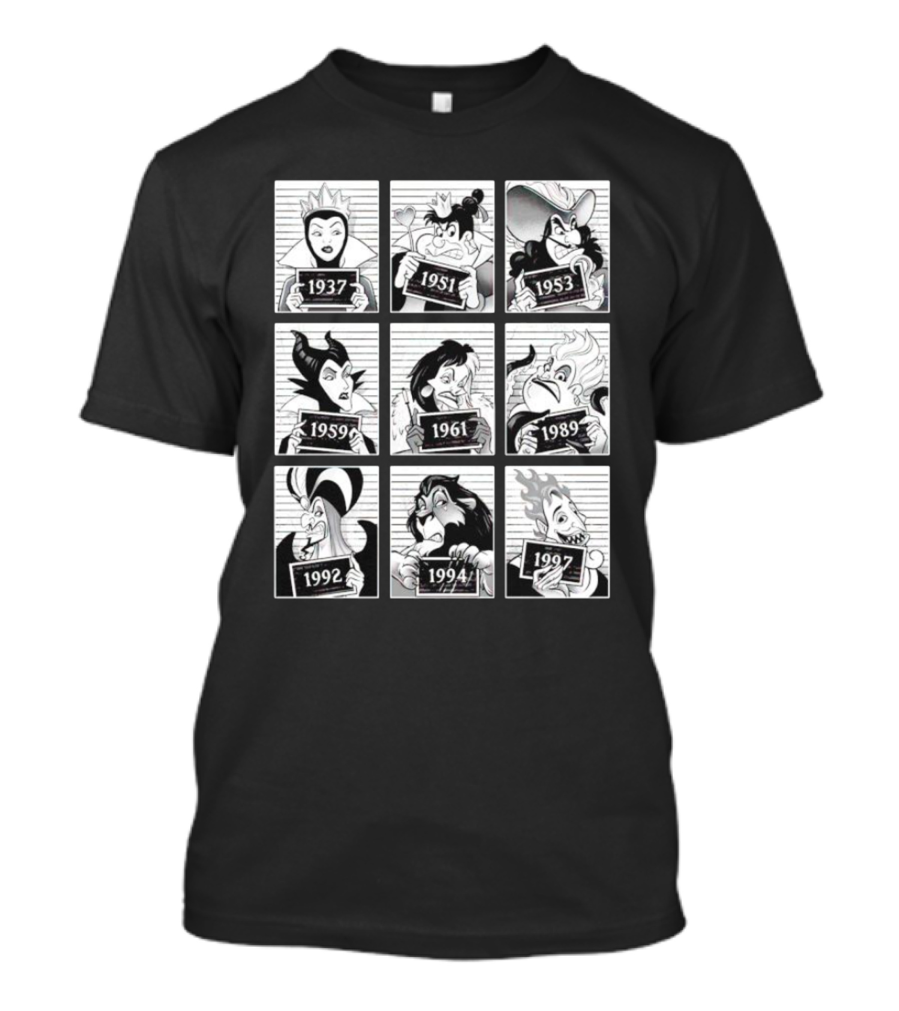 Walt Disney Cartoon Main Antagonists Year Lineup Mugshots 1937 To 1997 T-Shirt