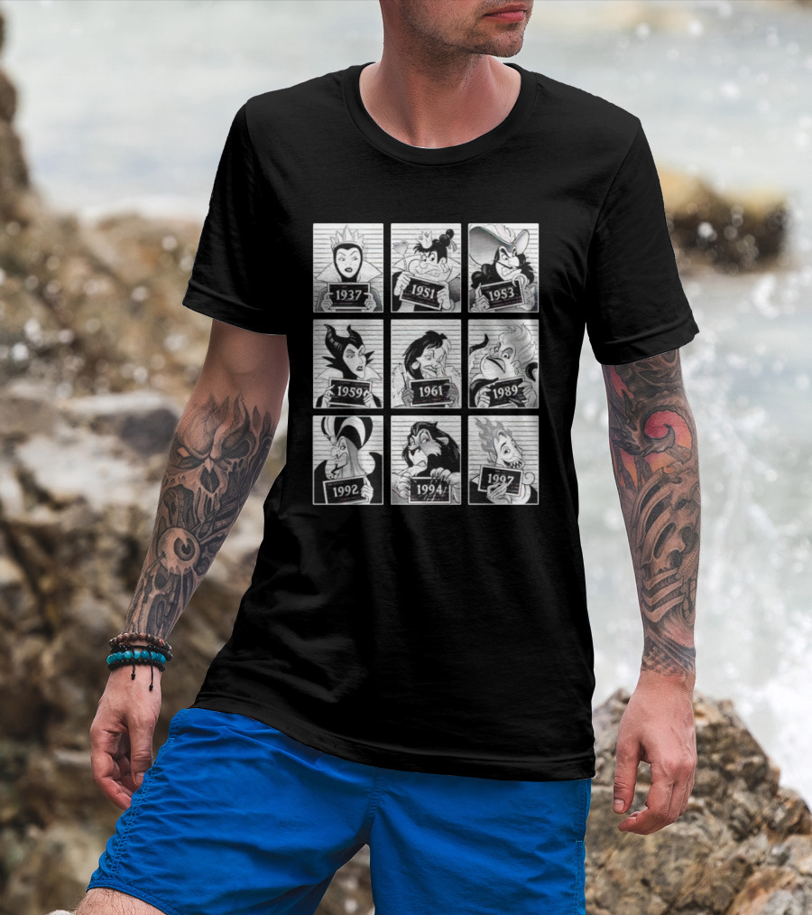 Walt Disney Cartoon Main Antagonists Year Lineup Mugshots 1937 To 1997 T-Shirt