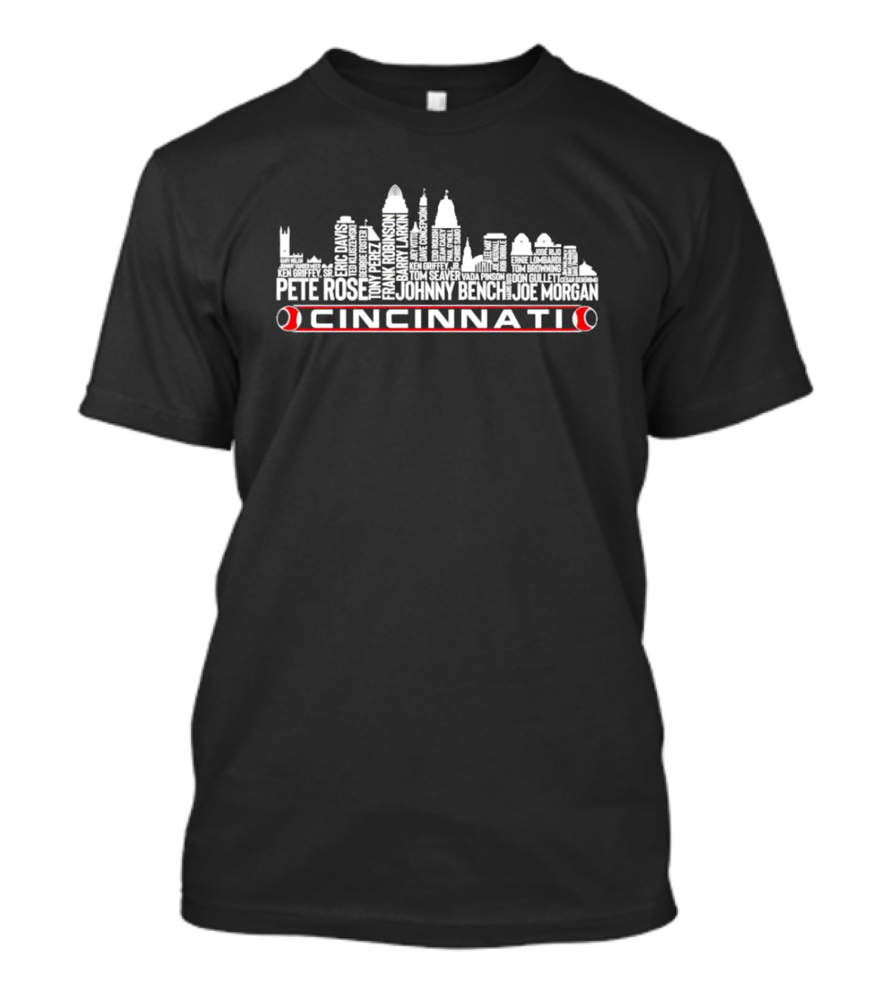 Cincinnati Skyline Baseball Legends Pete Rose Johnny Bench Joe Morgan Ken Griffey Tom Seaver T-Shirt