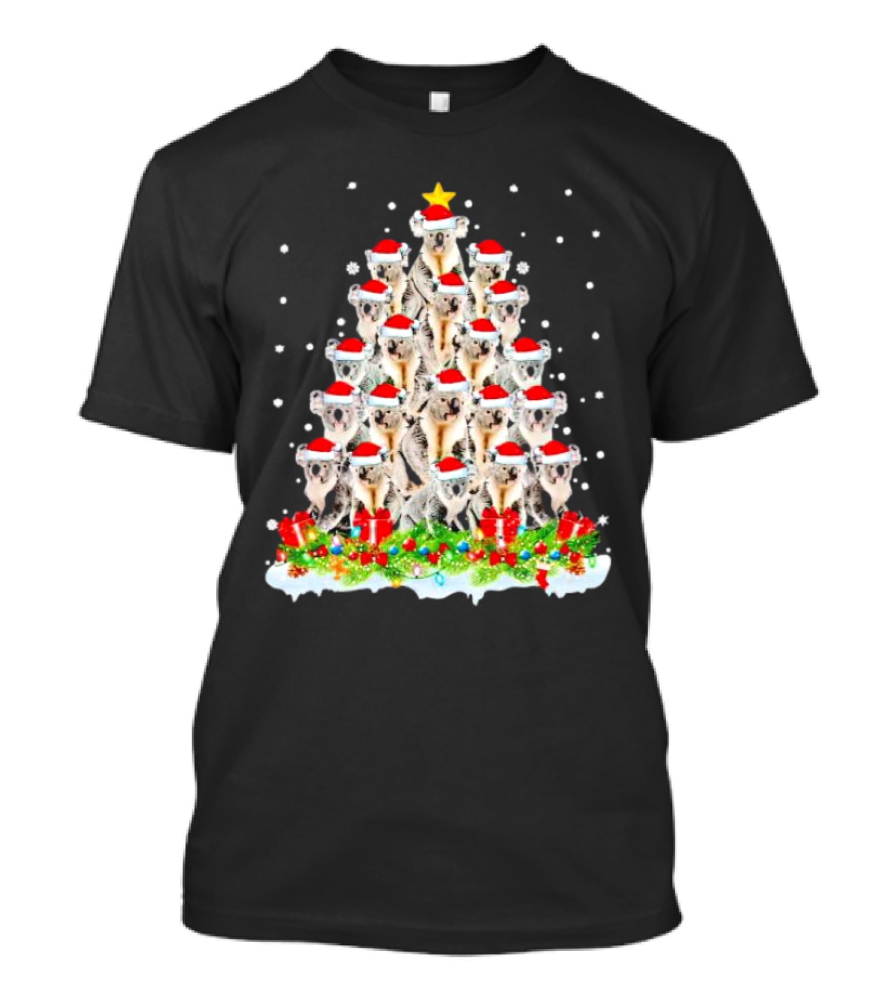Koala Christmas Tree With Santa Hats Snowflakes And Gifts T-Shirt