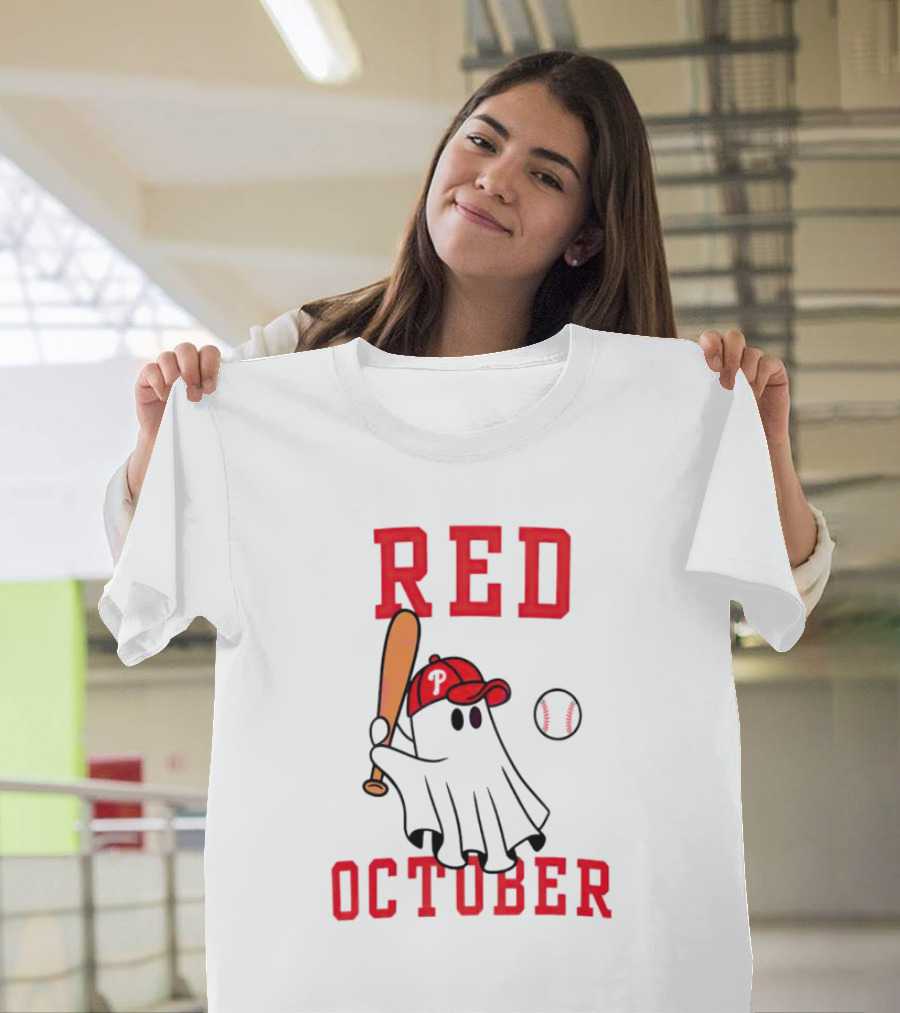 Phillies Red October Ghost Baseball Player In Cap And Bat T-Shirt