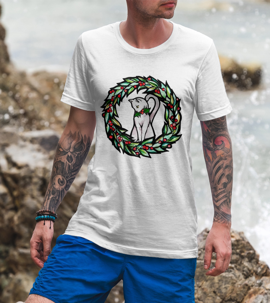 White Cat In Christmas Wreath With Holly And Berries T-Shirt
