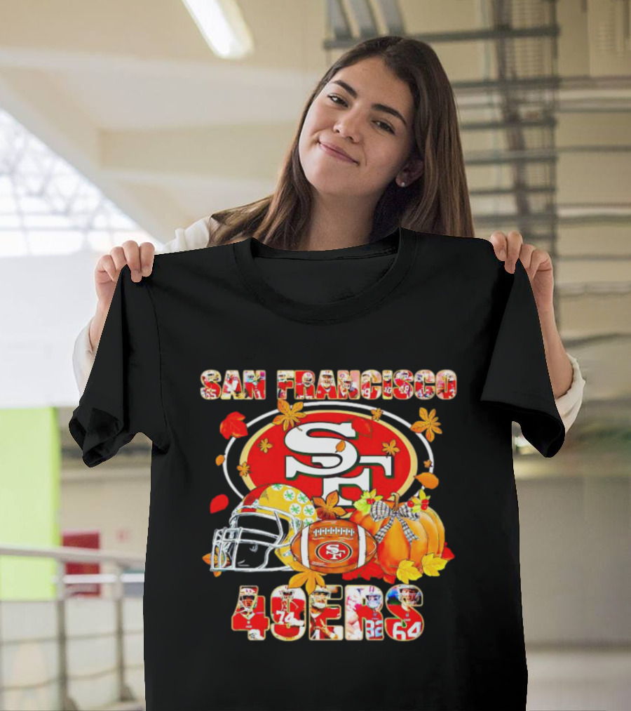 San Francisco 49ers Autumn Football With Helmets And Pumpkins T-Shirt