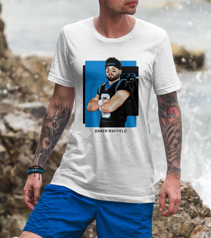 Carolina Panthers Baker Mayfield Artwork With Team Uniform T-Shirt