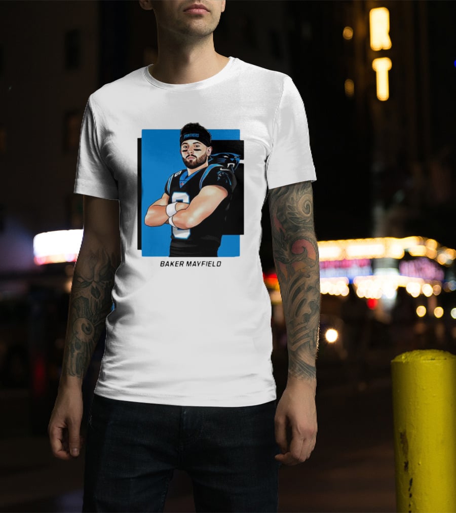 Carolina Panthers Baker Mayfield Artwork With Team Uniform T-Shirt