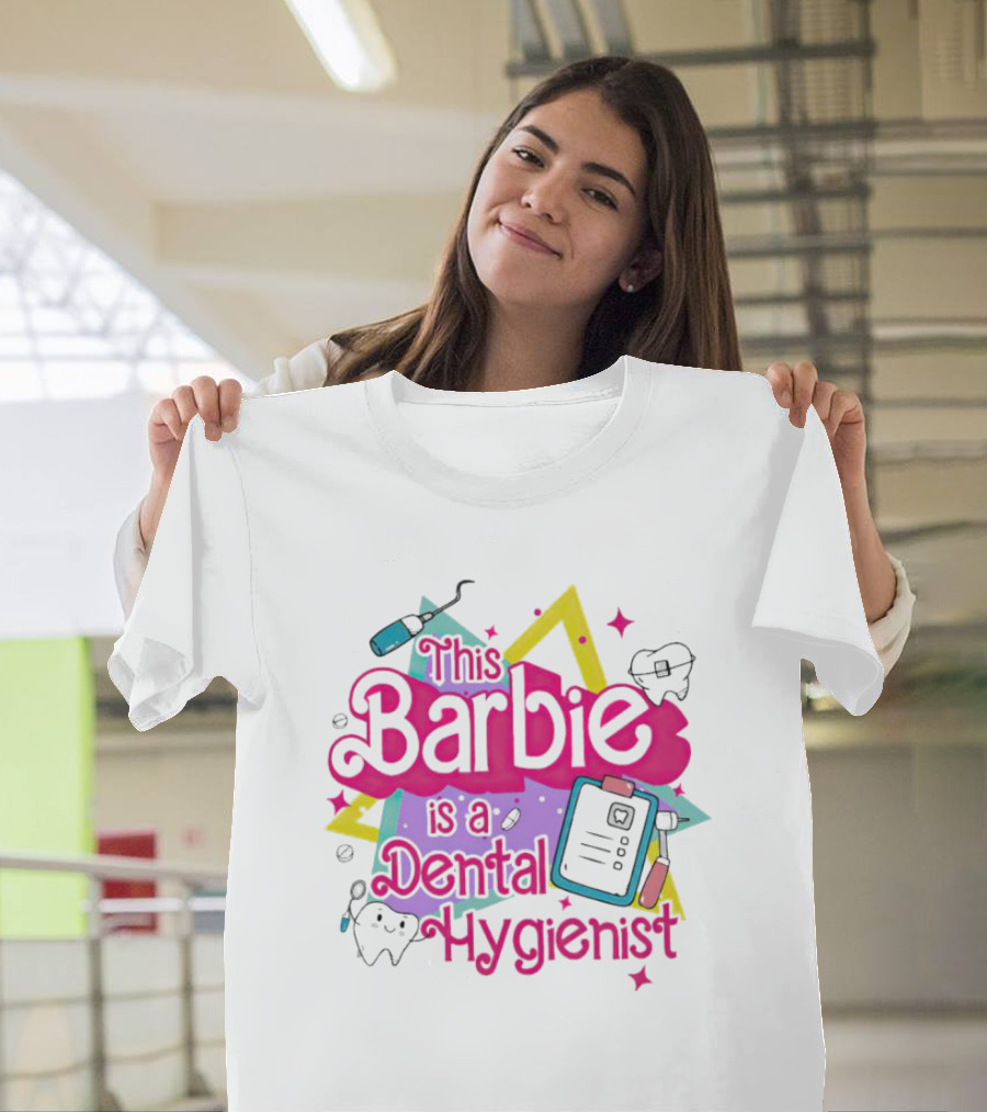 This Barbie is a Dental Hygienist Playful Pink Text with Dental Tools T-Shirt