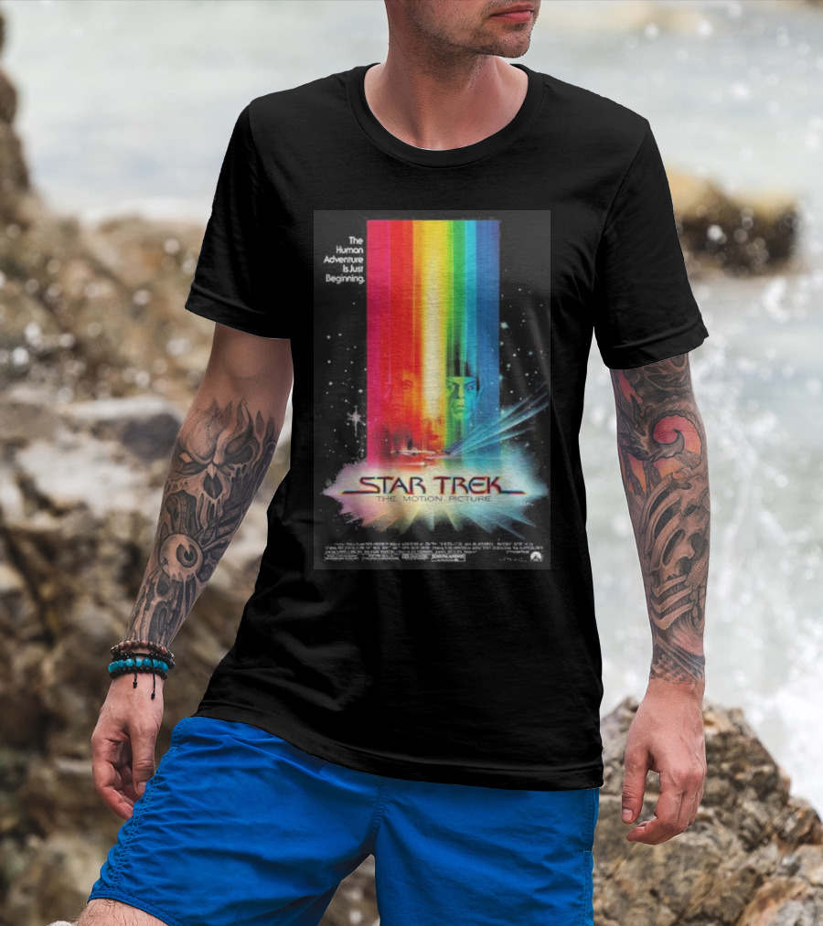 Star Trek The Motion Picture The Human Adventure Is Just Beginning Colorful Light Beams And Starry Background T-Shirt