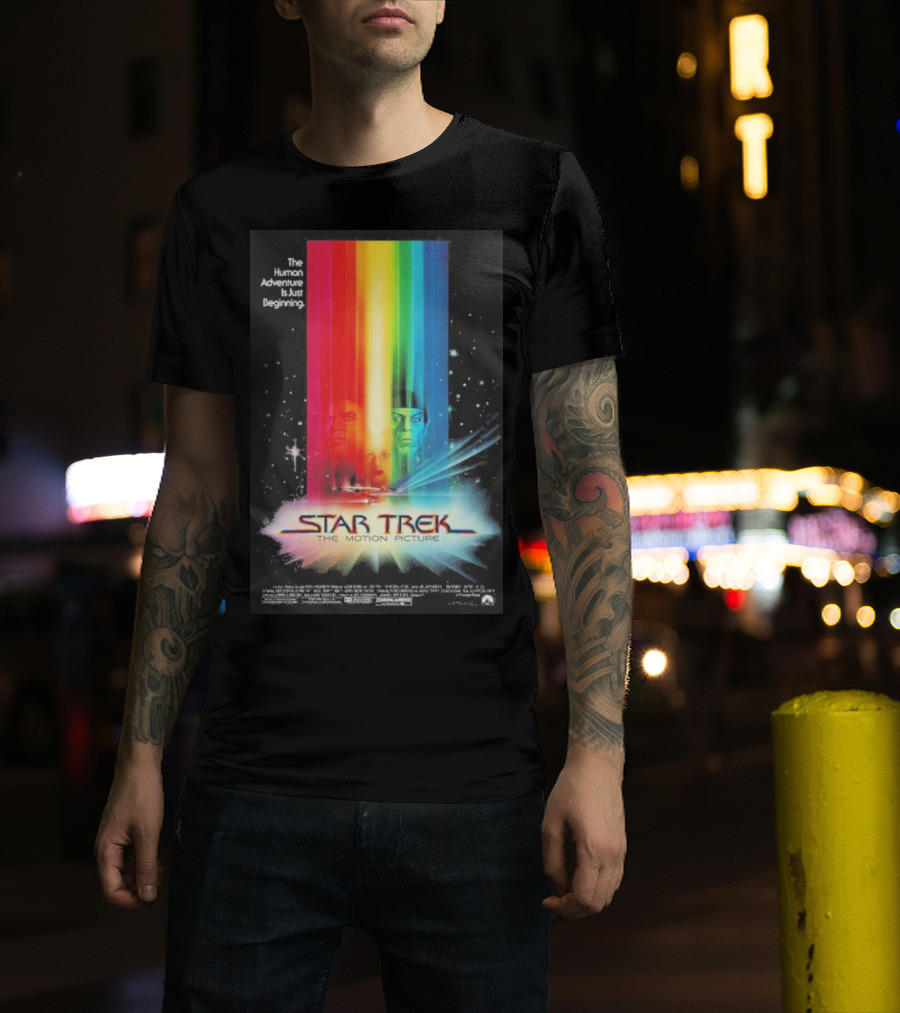 Star Trek The Motion Picture The Human Adventure Is Just Beginning Colorful Light Beams And Starry Background T-Shirt