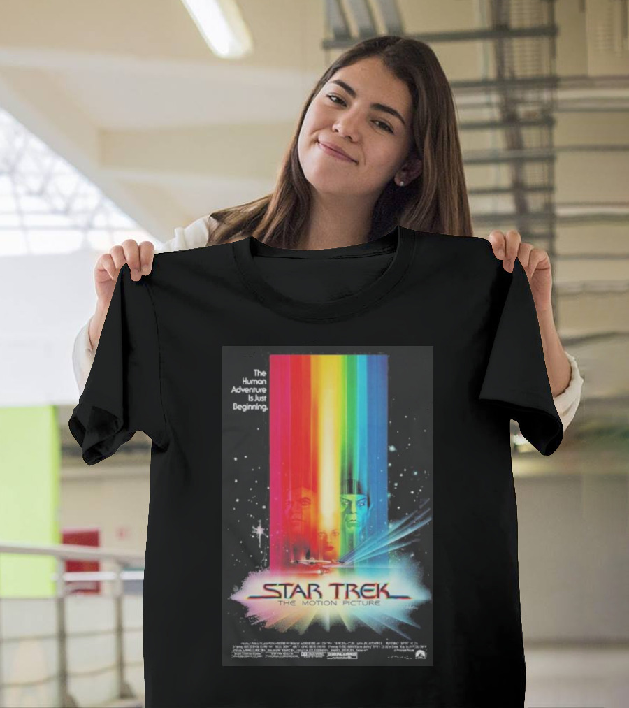 Star Trek The Motion Picture The Human Adventure Is Just Beginning Colorful Light Beams And Starry Background T-Shirt