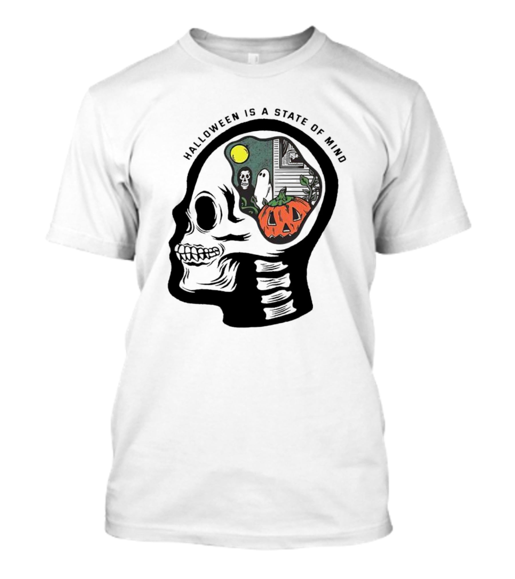 Halloween Is A State Of Mind Skull With Pumpkin And Ghosts T-Shirt