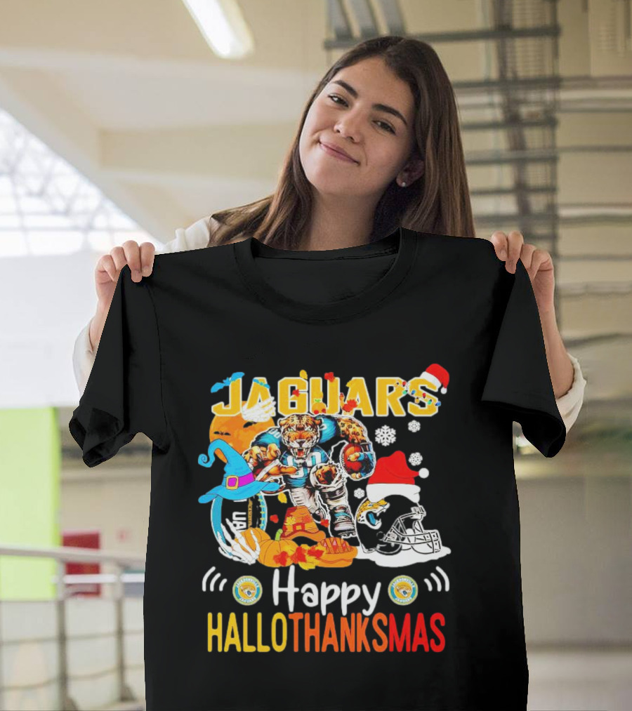 Jaguars Mascot Happy Hallothanksmas Football Halloween Thanksgiving Christmas T-Shirt