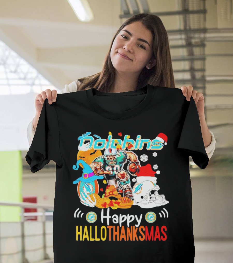 Miami Dolphins Mascot Happy Hallothanksmas Football Festive T-Shirt