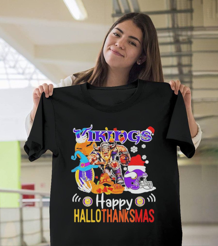 Vikings Mascot Happy Hallothanksmas Festive Football T-Shirt