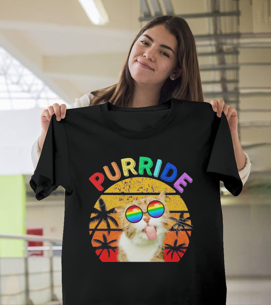 Purride Cat Tongue Out Rainbow Sunglasses Palm Trees Vintage Sunset T-Shirt