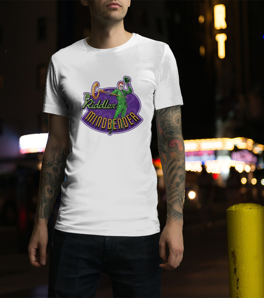 The Riddler Mindbender Green Suit Cane Iconic Purple Backdrop T-Shirt