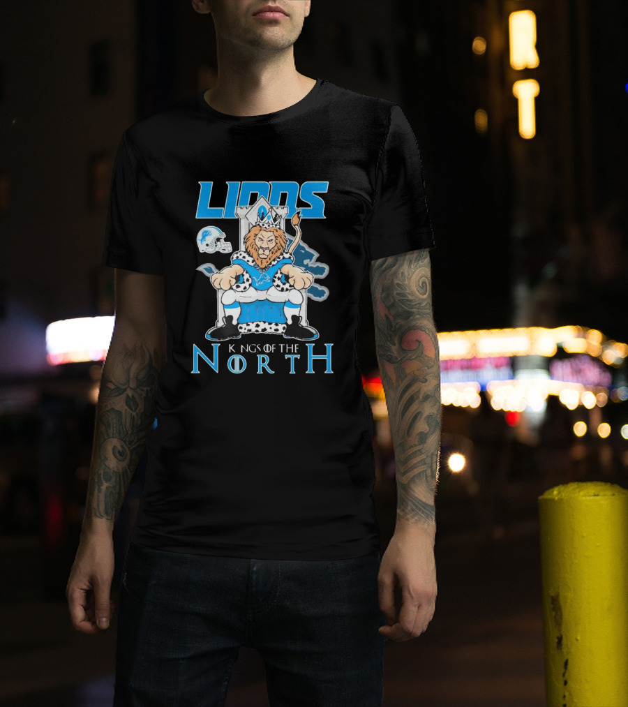 Detroit Lions Kings Of The North Mascot Roaring On Throne With Helmet T-Shirt
