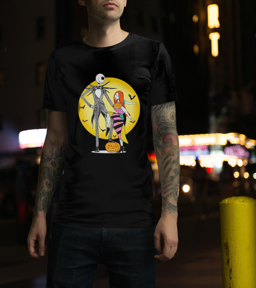Jack And Sally Halloween Pumpkin Scene With Bats In The Nightmare Before Rumours T-Shirt
