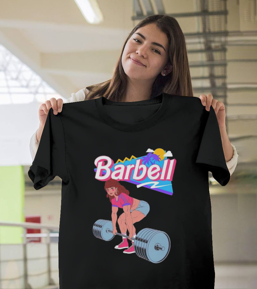 Barbell Brunette Retro Workout with Tropical Sunset and 80s Vibes T-Shirt