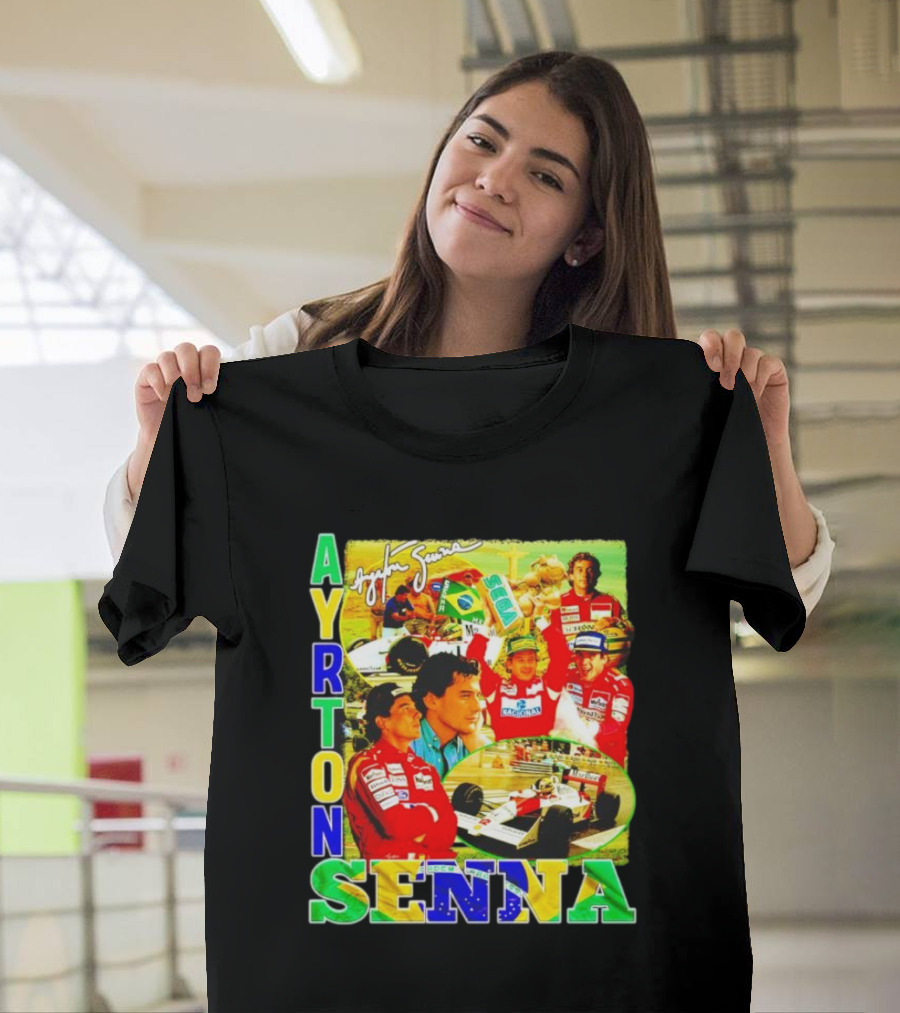 Ayrton Senna Signature Celebration Collage with Brazilian Flag Colors T-Shirt