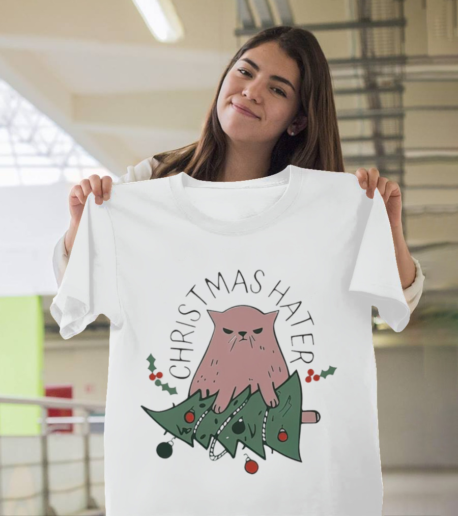 Christmas Hater Angry Cat With Broken Tree And Holly Decorations T-Shirt