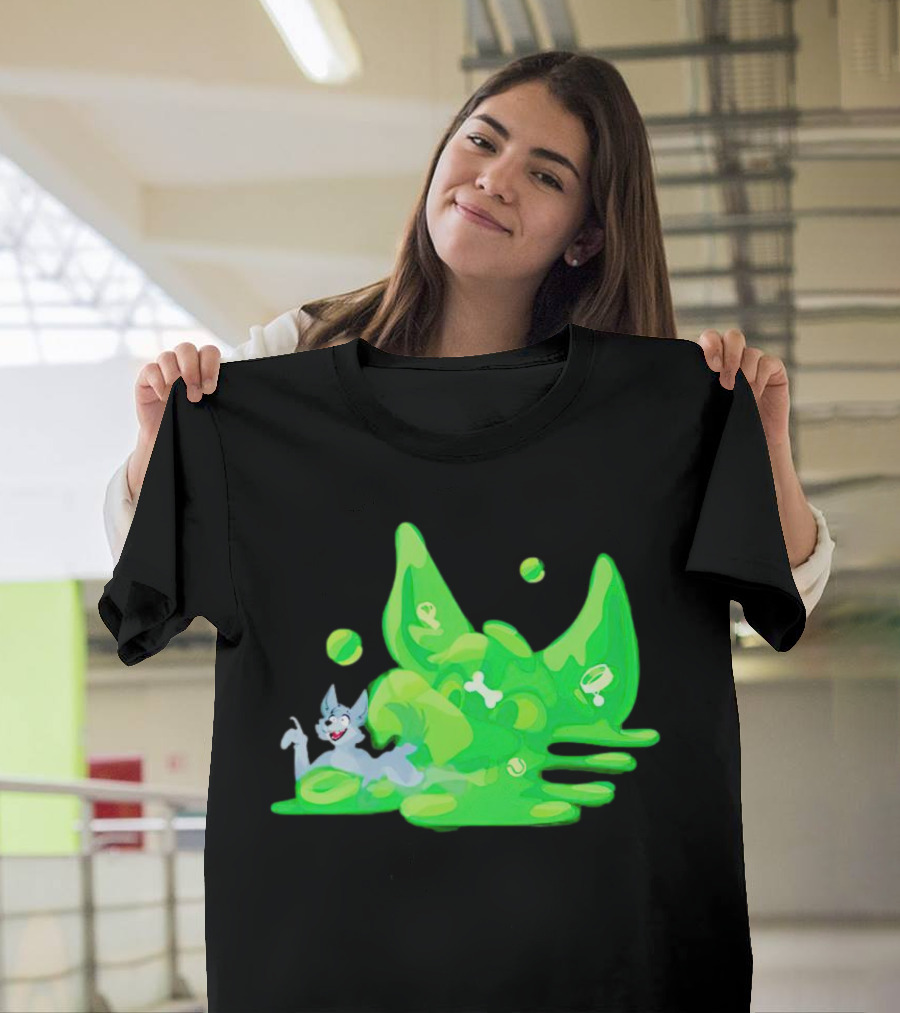Gelatinous Dog Cartoon Slime With Playful Grey Pup And Green Ooze T-Shirt