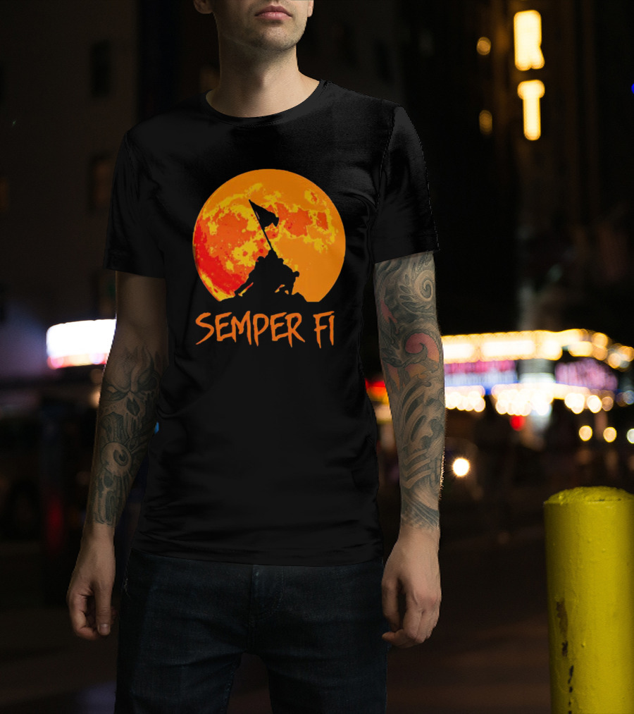 Semper Fi Halloween Full Moon Flag Raising T-Shirt