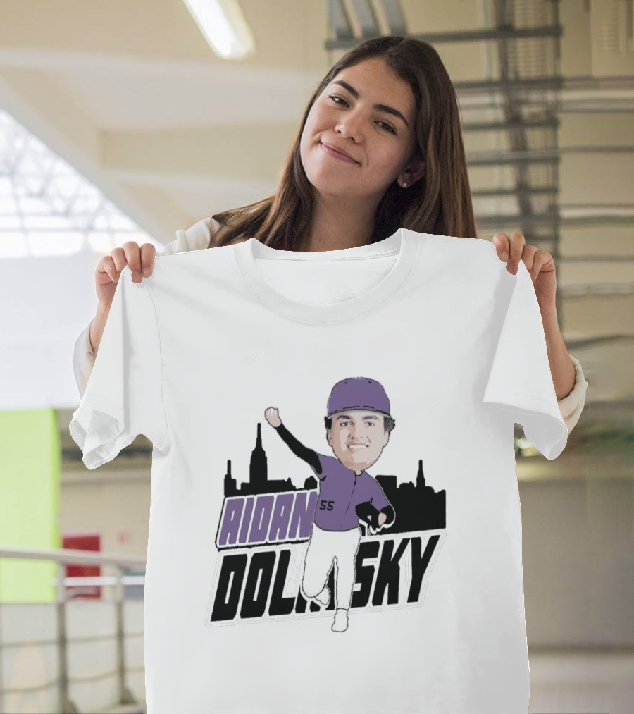 Aidan Dolinsky 55 Purple Baseball Caricature with City Skyline T-Shirt