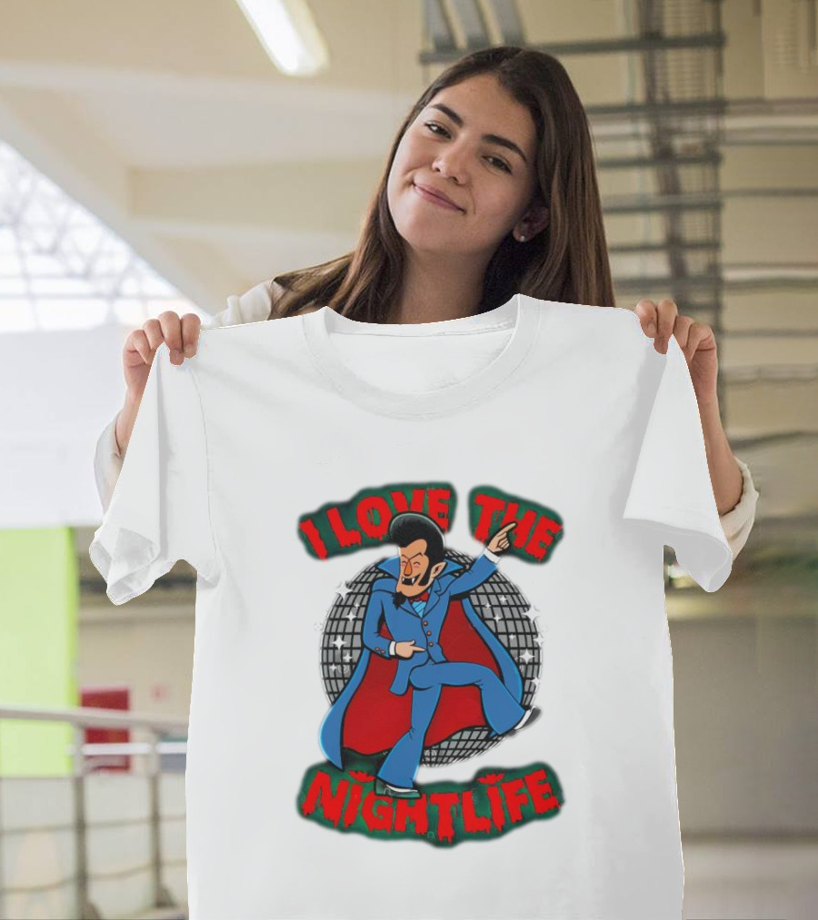 I Love The Nightlife Dracula Disco Dancing With Cape And Disco Ball T-Shirt