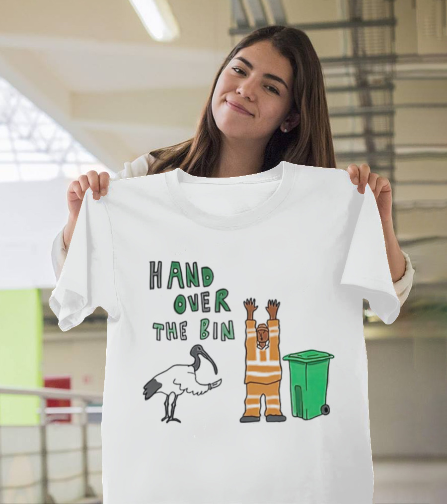 Hand Over the Bin Garbage Collector and Bird Cartoon Scene T-Shirt