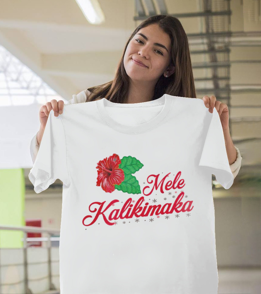 Mele Kalikimaka Red Hibiscus Flower With Green Leaves T-Shirt