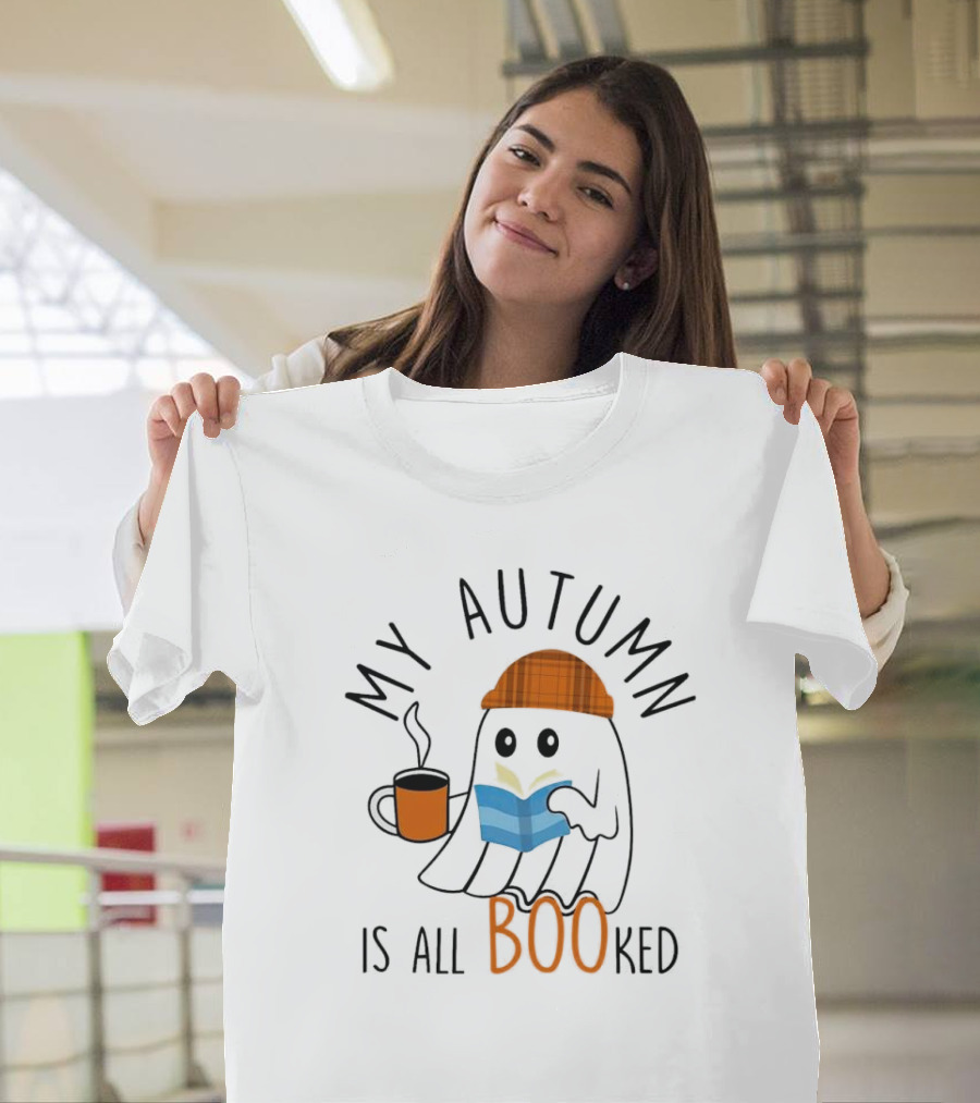 My Autumn Is All Booked Ghost Reading with Coffee and Plaid Hat T-Shirt