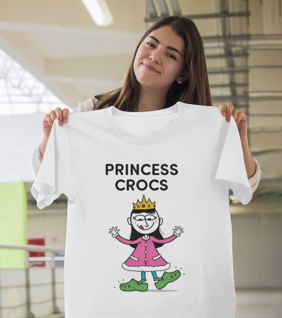Princess Crocs Crowned Girl In Pink Dress With Green Shoes T-Shirt