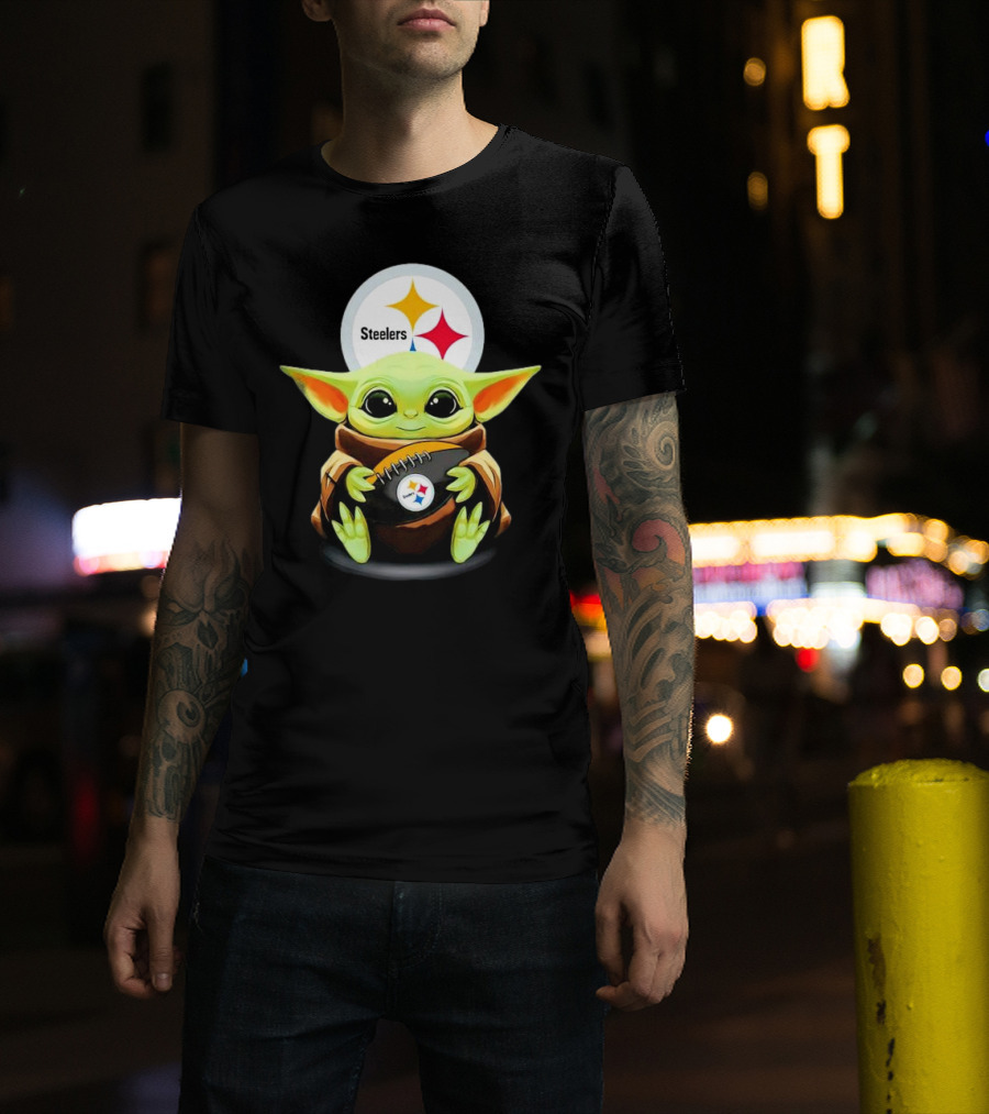 Baby Yoda Holding Pittsburgh Steelers Football T-Shirt