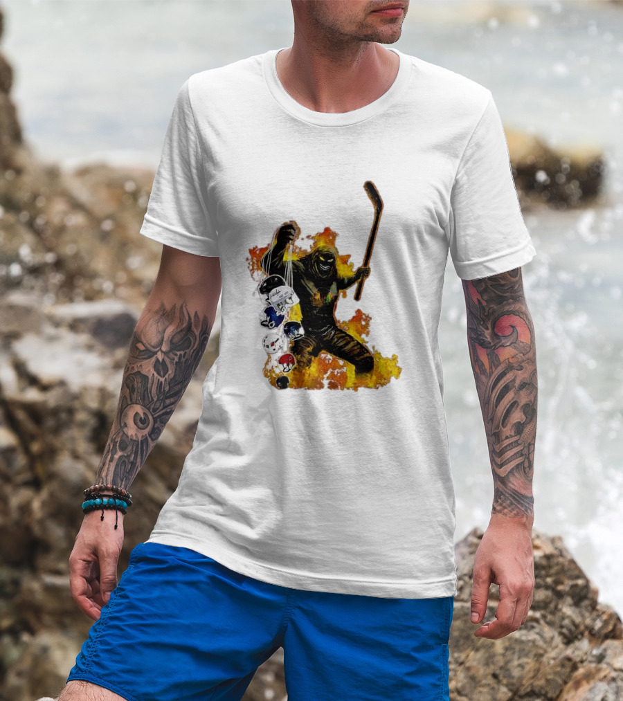Evil Fire Hockey Player Holding Chicago Blackhawks And NHL Helmets T-Shirt