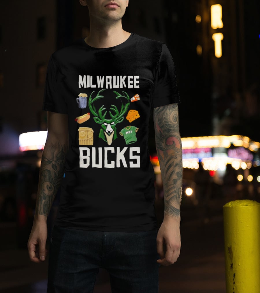 Milwaukee Bucks NBA Market Claymation Deer Cheese Hot Dog Beer T-Shirt