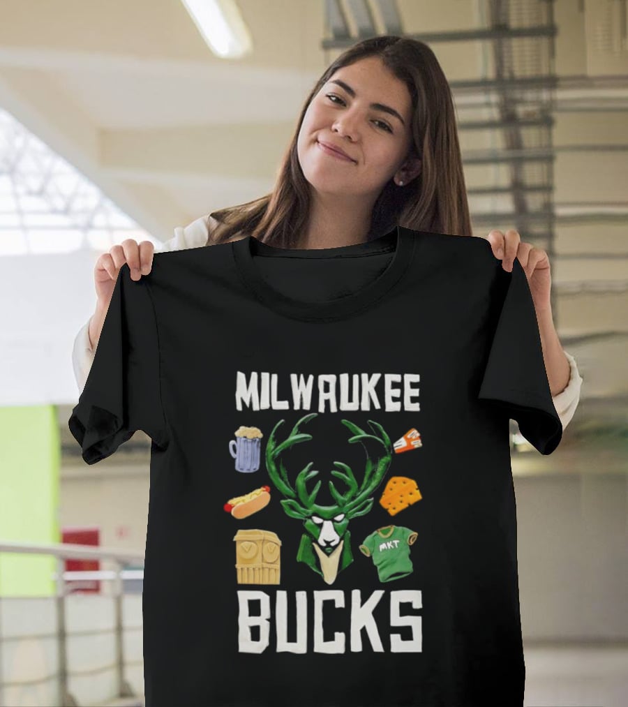 Milwaukee Bucks NBA Market Claymation Deer Cheese Hot Dog Beer T-Shirt