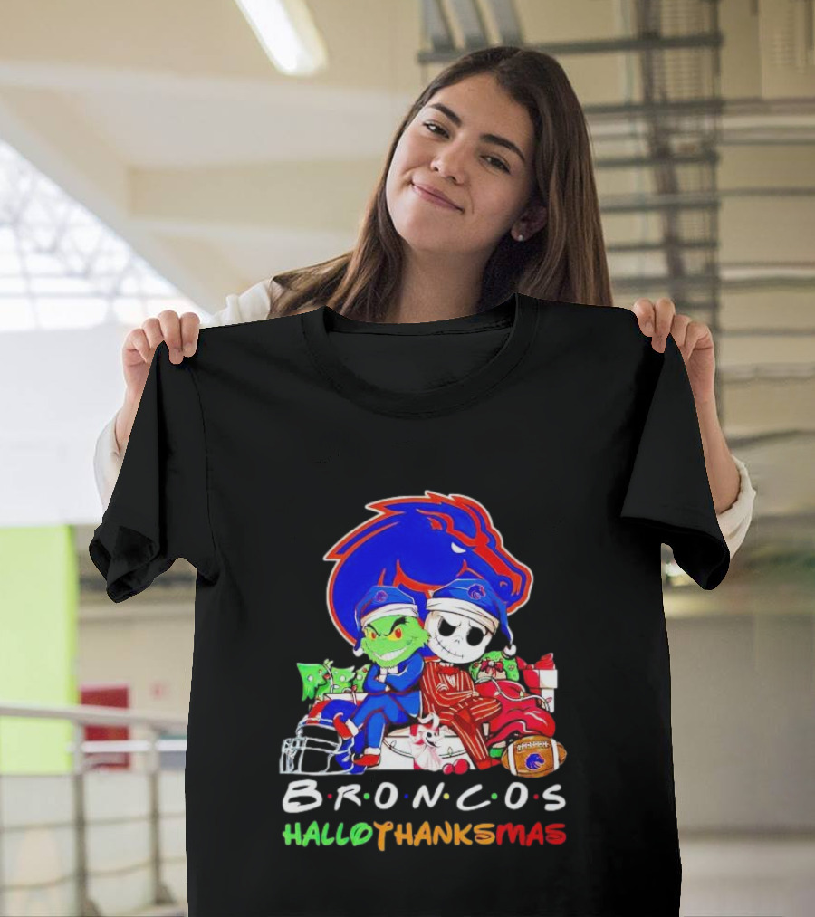 Broncos HalloThanksMas Grinch and Jack Skellington Friends T-Shirt