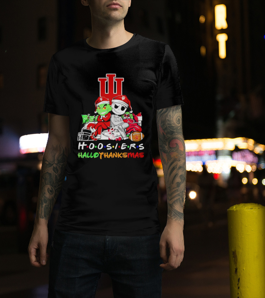 Hoosiers Grinch And Jack Skellington HalloThanksMas T-Shirt